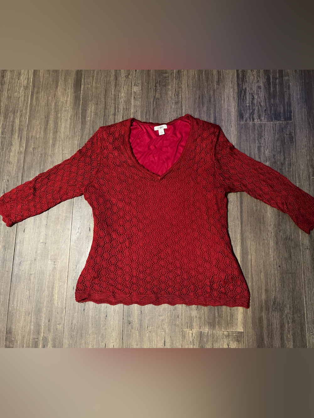 Ladies CATO burgundy LS knit crocheted top shirt